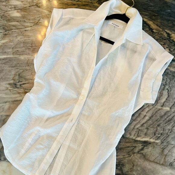 FRAME DENIM Ruched Body Button Down Rolled Sleeve Blouse White - Picture 2 of 4